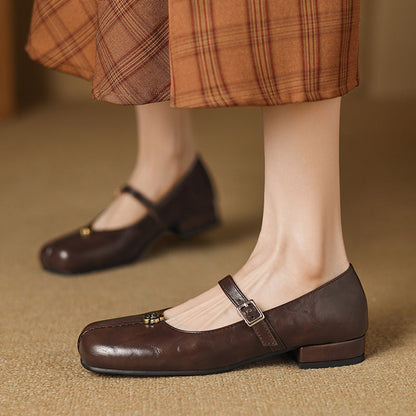 Women’s Flat Shoes – Synthetic Leather – Square Toe – Buckle Strap – Block Heel