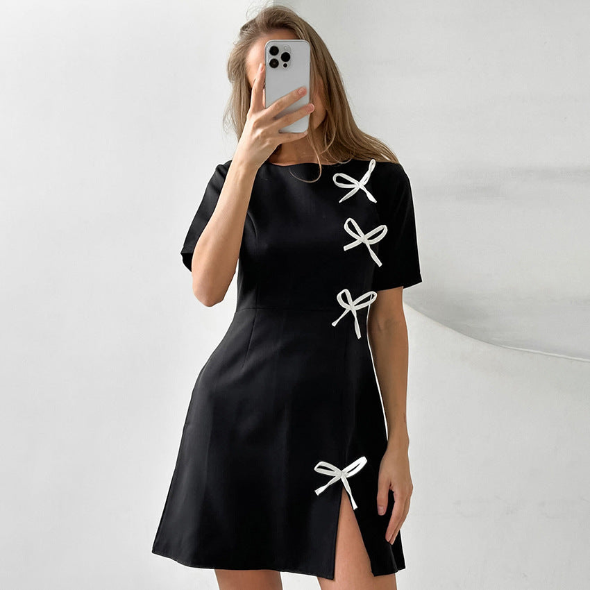 Women’s A-Line Dress – Mini Length – Short Sleeve – Bow Detail – Elegant Fit