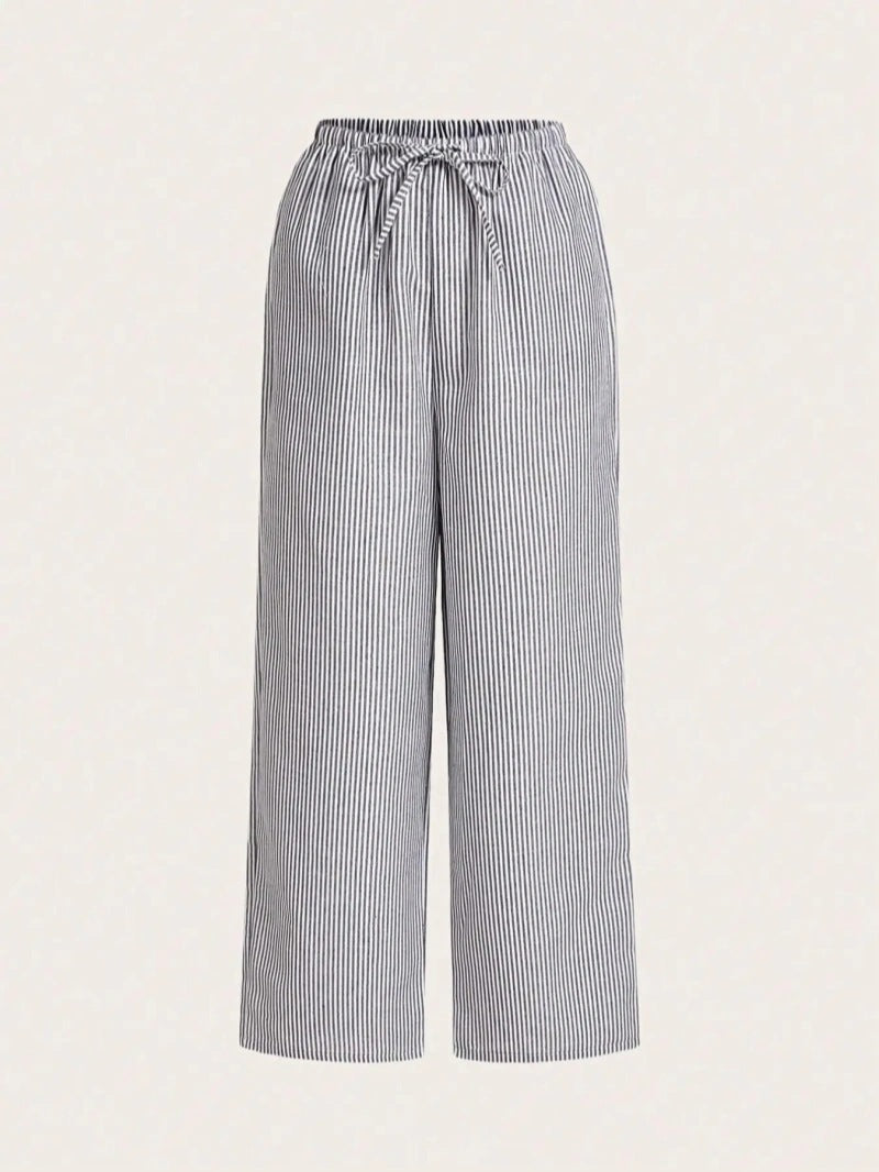 Women’s Straight-Leg Pants – Drawstring Waist – Breathable Cotton – Full Length – Striped