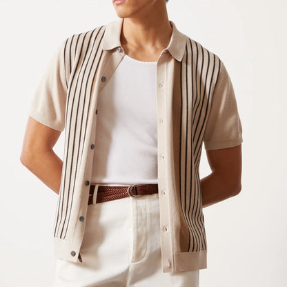Men’s Polo Shirt – Knitted Fabric – Relaxed Fit – Vertical Stripe – Short Sleeve Casual