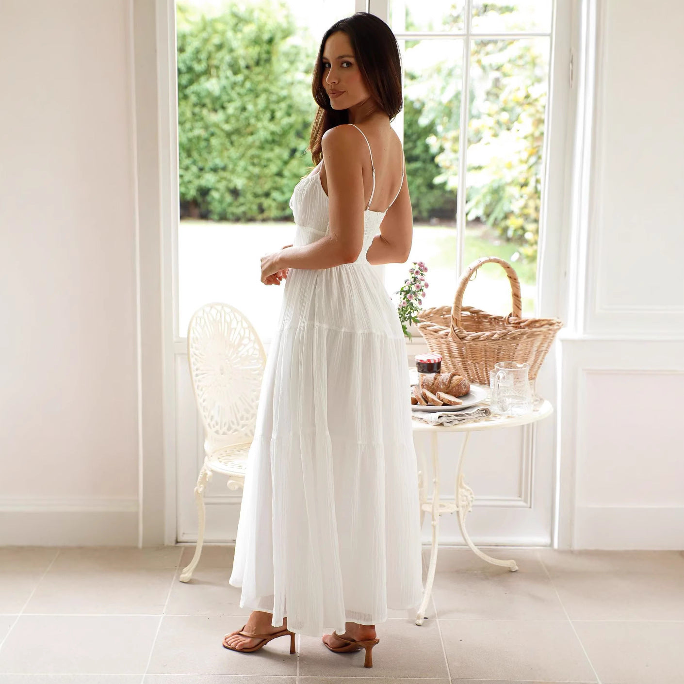 Women’s Maxi Dress – Lightweight Cotton Blend – Tiered Skirt – Spaghetti Straps – Low Back