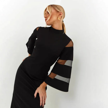 Women’s Midi Dress – Slim Fit Pencil Silhouette – Bell Sleeve – Sheer Panel – Side Slit