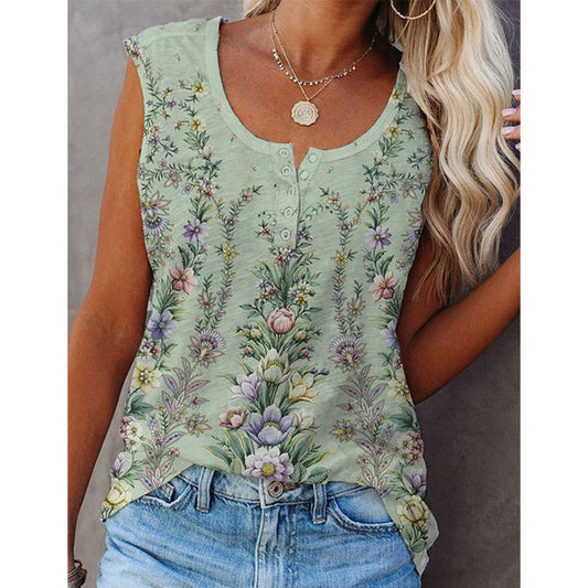 Women’s Sleeveless Top – Relaxed Fit – Floral Print – Natural Fibers – Button Front