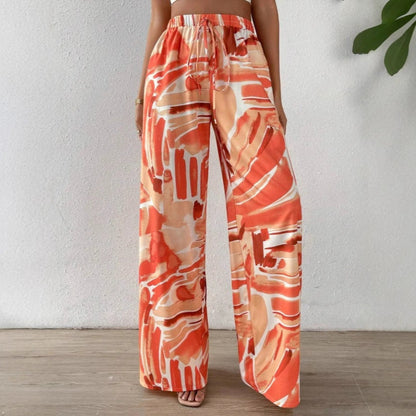 Women’s Wide-Leg Pants – Abstract Print – Full Length – Elastic Waist – Relaxed Fit