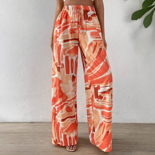 Women’s Wide-Leg Pants – Abstract Print – Full Length – Elastic Waist – Relaxed Fit