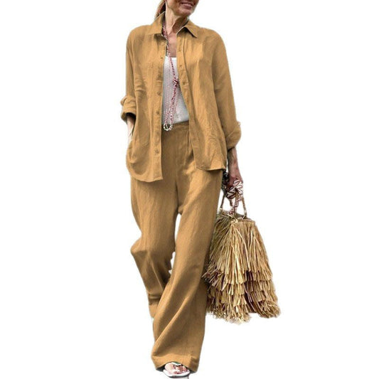 Women’s Shirt and Pants Set – Cotton – Relaxed Fit – Long Sleeve – Wide Leg Casual Wear