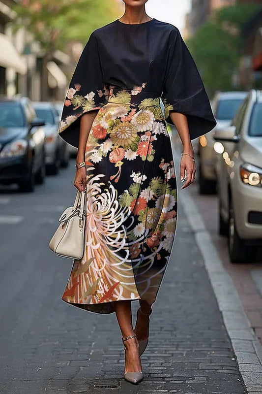 Women’s Midi Dress – Structured A-Line Fit – Kimono Sleeves – Floral Print