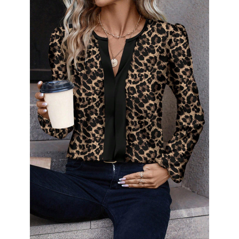 Women’s Blouse – Relaxed Fit – Leopard Print – Puff Sleeve – Casual Top