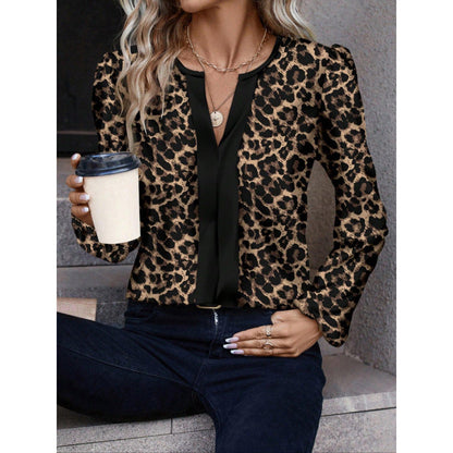 Women’s Blouse – Relaxed Fit – Leopard Print – Puff Sleeve – Casual Top