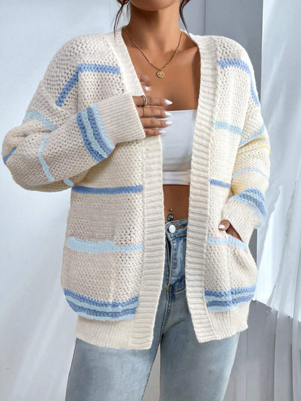 Women’s Knit Cardigan – Oversized Fit – Open Front – Striped Pattern – Ribbed Trim