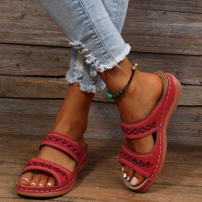 Women’s Wedge Sandals – Orthopedic Support – Slip-On Fit – Cut-Out Straps – Casual Style