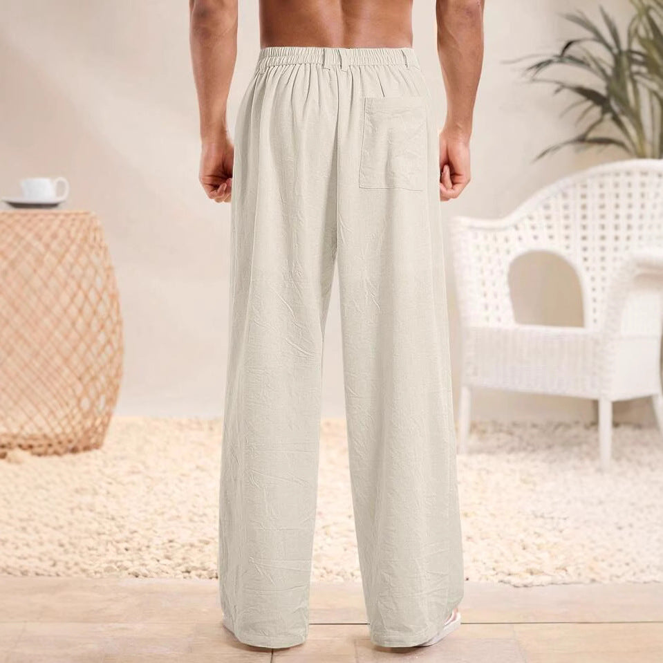 Men’s Casual Trousers – Cotton Linen Blend – Relaxed Fit – Elastic Waist – Full Length