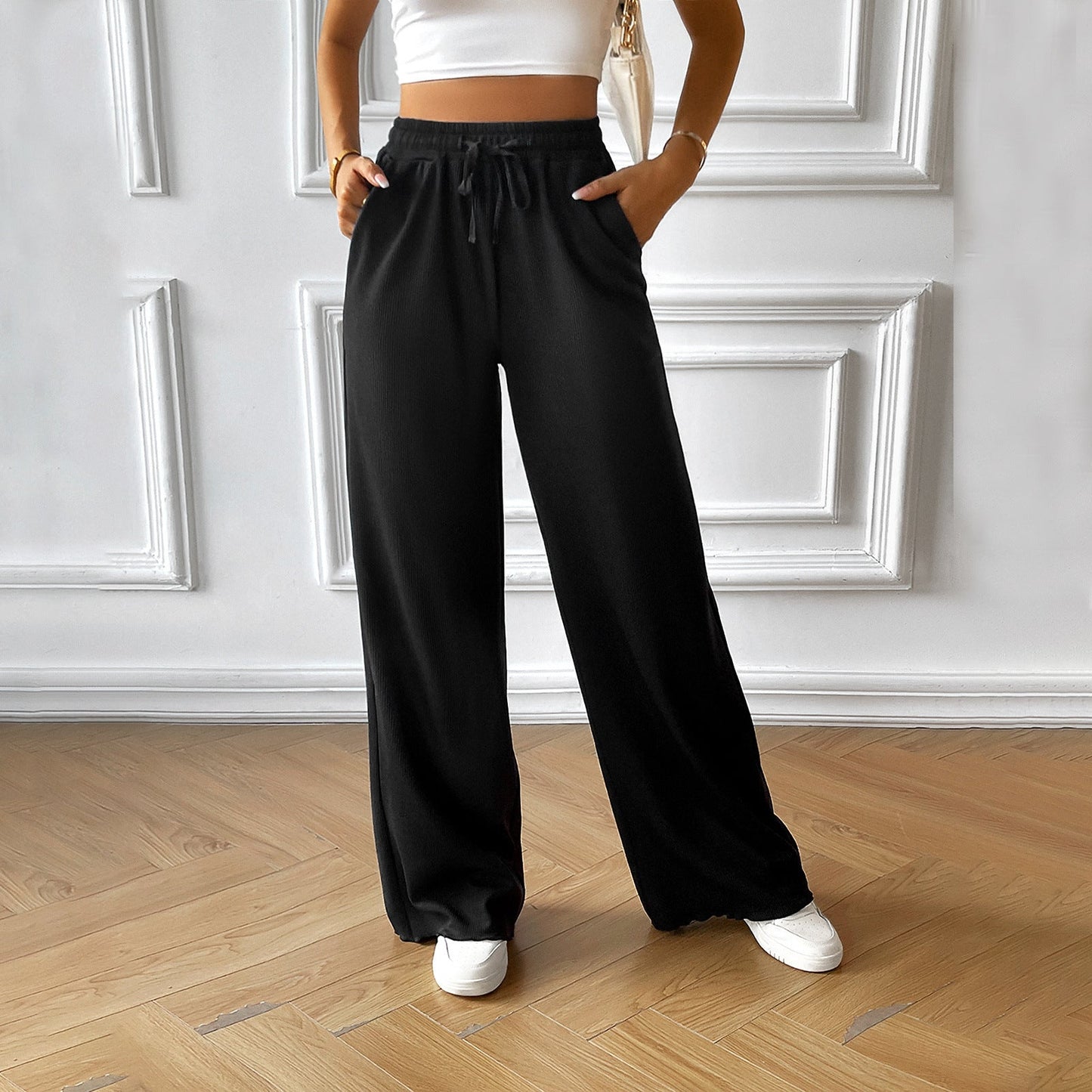 Women’s Wide-Leg Pants – Lightweight Breathable Fabric – Elastic Waist Drawstring – Full Length