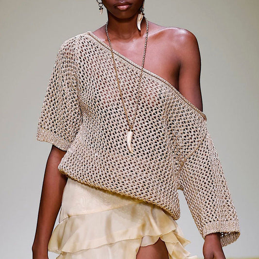 Women’s Knit Sweater – Off Shoulder – Relaxed Fit – Soft Open Knit – Three-Quarter Sleeve