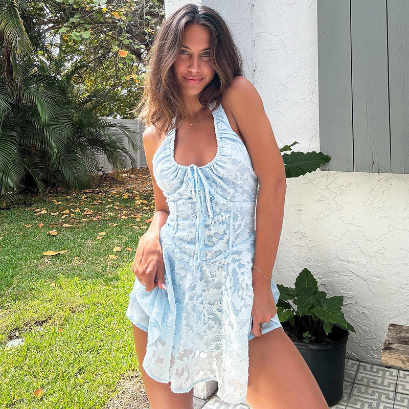 Women’s Mini Dress – Jacquard Texture – Halter Neck – Slim Fit – Ruched Bodice – Open Back