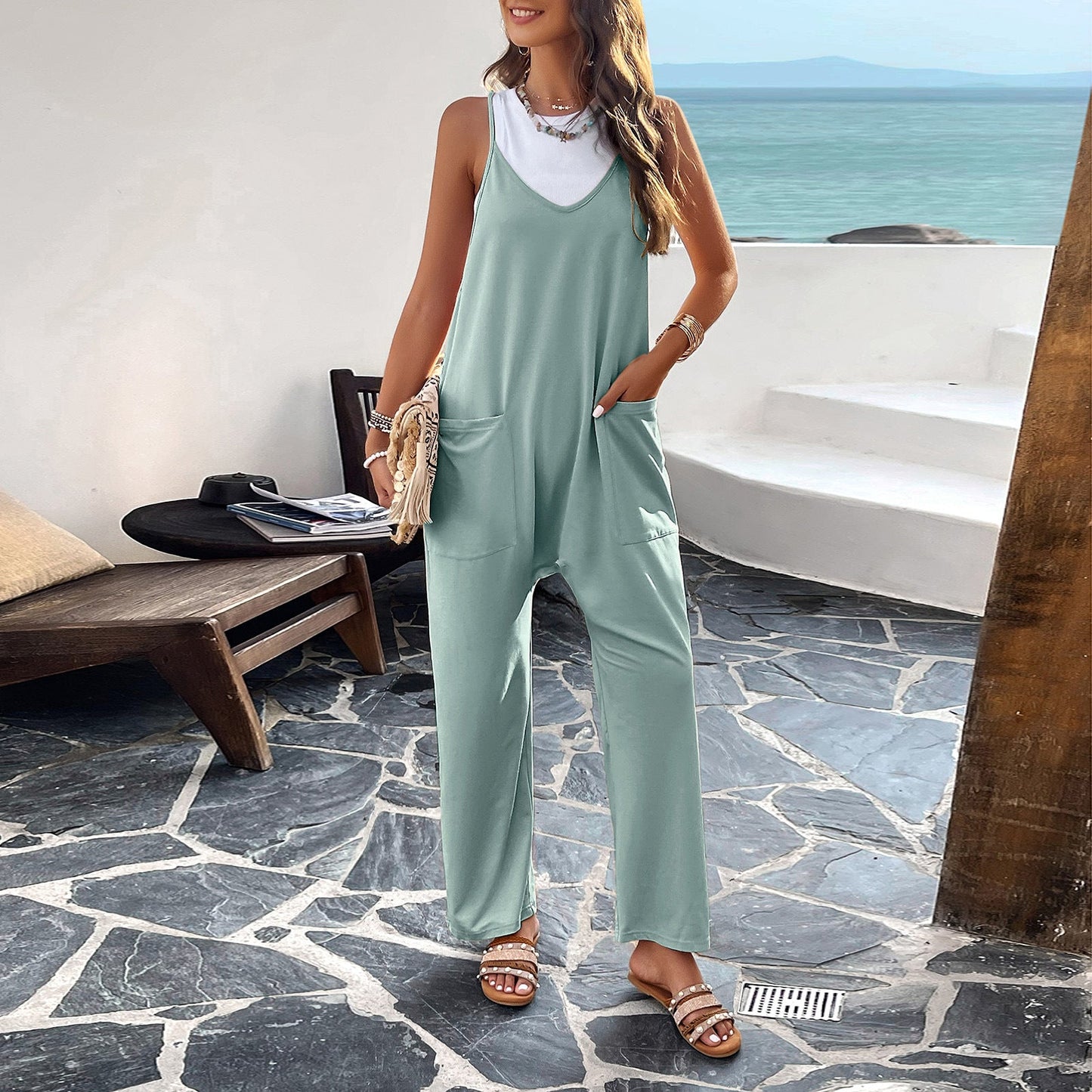 Women’s Jumpsuit – Relaxed Fit – Sleeveless V-Neck – Wide Leg – Lightweight Cotton Blend