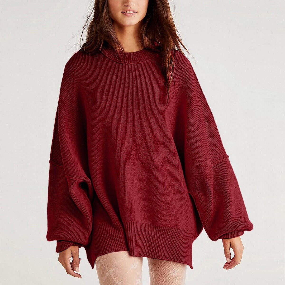 Women’s Pullover Knit Sweater – Oversized Fit – Long Sleeve – Side Slits – Textured Knit