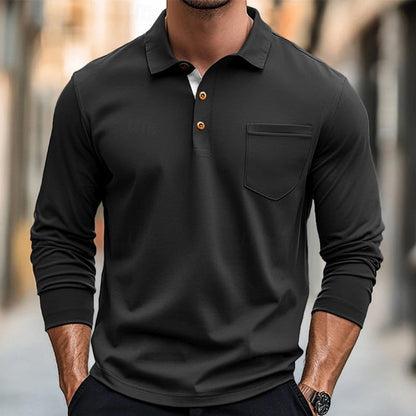 Men’s Long Sleeve Polo Shirt – Cotton – Slim Fit – Chest Pocket – Button Placket