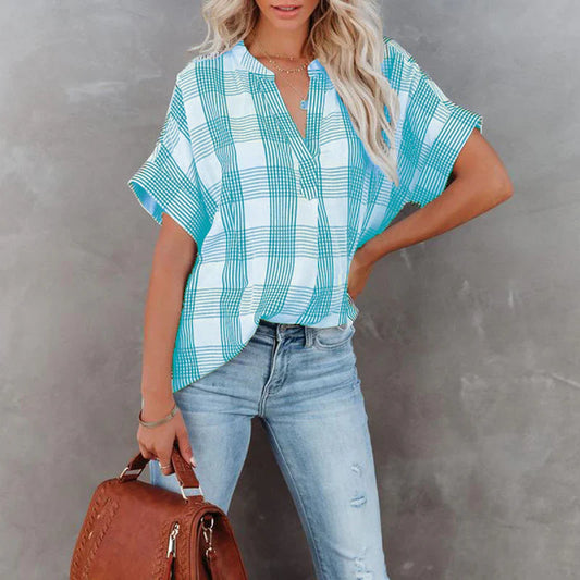 Women’s Blouse – Relaxed Fit – Cotton – Checkered – V-Neck – Short Sleeve Casual