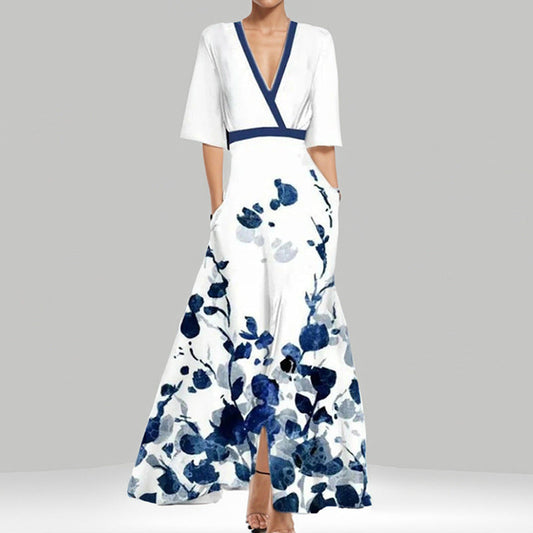 Women’s Maxi Dress – V-Neck – A-Line Fit – Lace-Up Waist – Printed Skirt – Pockets