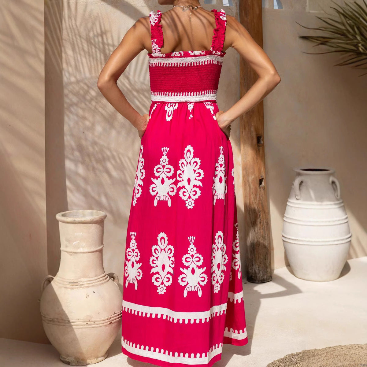 Women’s Sundress – Breathable Cotton – Ruched Bodice – A-Line Fit – Ankle Length