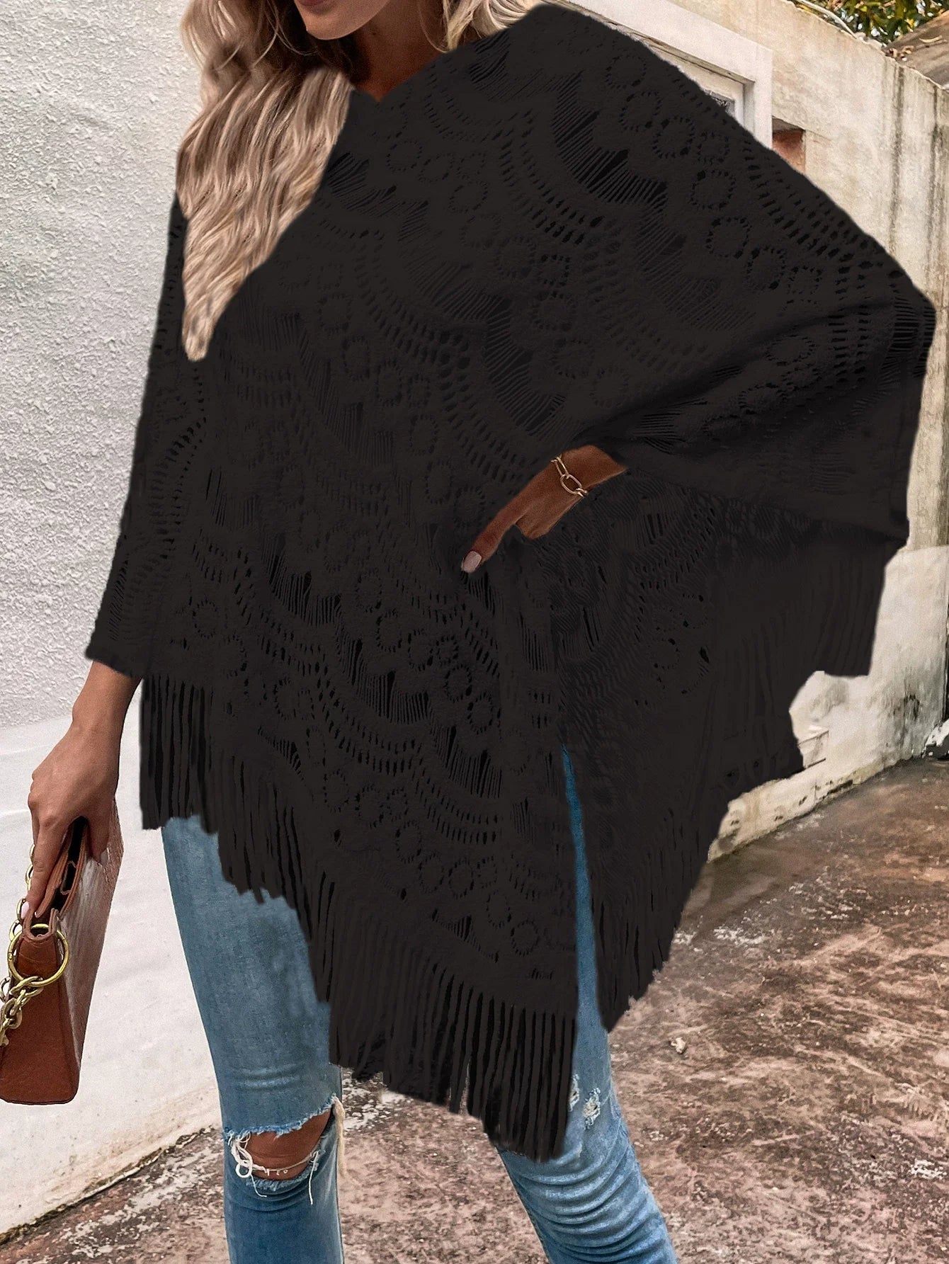 Women’s Shawl – Lace Knit – Oversized Fit – Irregular Hem with Tassels – Semi-Sheer