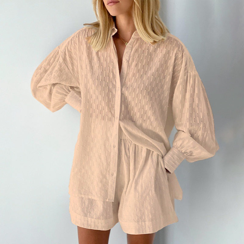 Women’s Blouse and Shorts Set – Jacquard Texture – Relaxed Fit – Puff Sleeve – Elastic Waist