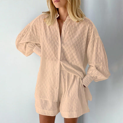 Women’s Blouse and Shorts Set – Jacquard Texture – Relaxed Fit – Puff Sleeve – Elastic Waist