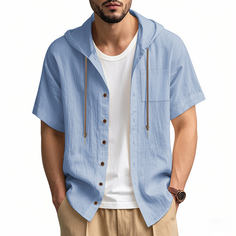 Men’s Hooded Shirt – Linen Blend – Relaxed Fit – Short Sleeve – Button-Up Casual