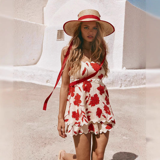 Women’s Two-Piece Set – Linen Blend – Cropped Top – Floral Print – Ruffled Hem