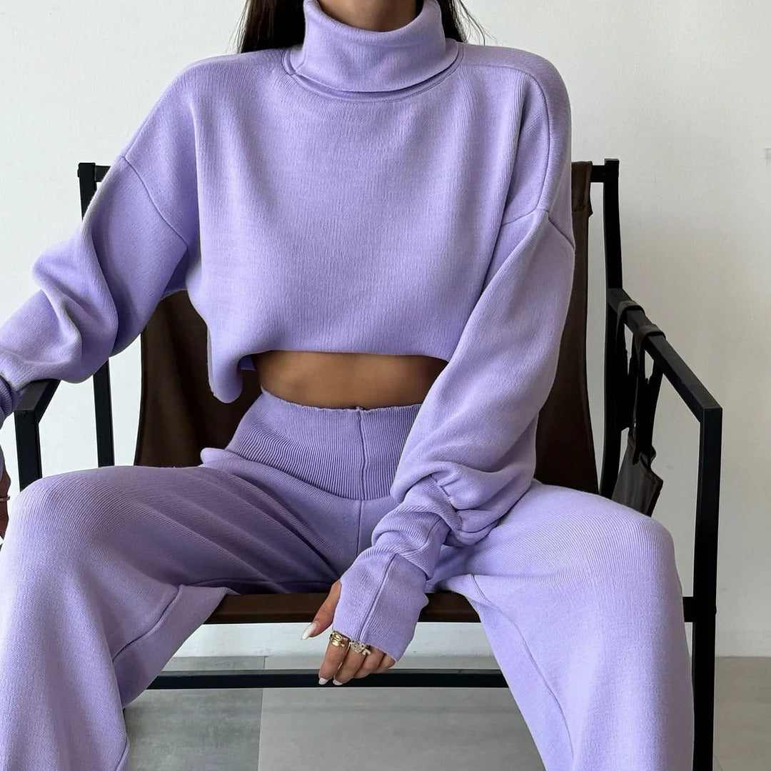 Women’s Lounge Set – Soft Knit Relaxed Fit – High Neck Crop Top – Wide Leg Pants