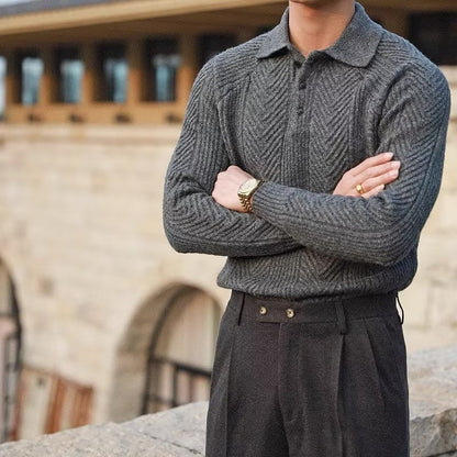 Men’s Knit Sweater – Slim Fit – Polo Collar – Cable Knit – Wool Blend – Raglan Sleeve