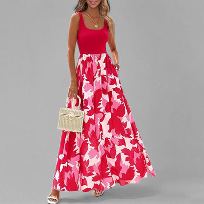 Women’s Maxi Dress – Sleeveless Scoop Neck – High Waist – Flowy A-Line – Printed Skirt