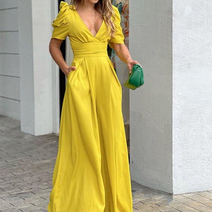 Women’s Jumpsuit – V-Neck – Puff Sleeve – Wide Leg – Cinched Waist – Full Length – Pockets