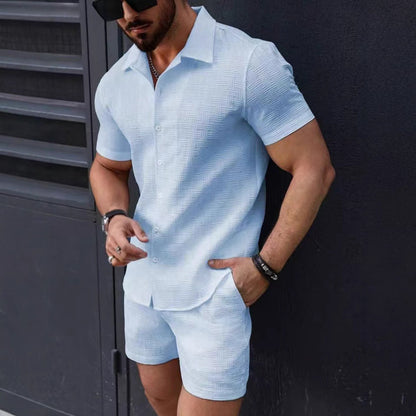 Men’s Matching Set – Slim Fit Button-Down Shirt & Shorts – Lightweight Breathable Fabric