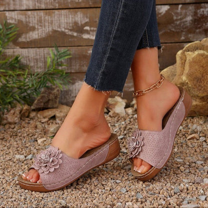 Women’s Wedge Sandals – Open Toe – Perforated Faux Suede – Floral Accent – Casual Wear