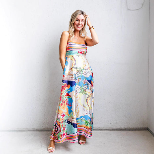 Women’s Sundress – A-Line Fit – High Waist – Cotton Blend – Spaghetti Straps – Full Length