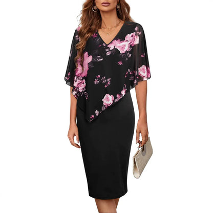 Women’s Knee Length Dress – Slim Fit – Chiffon Overlay – V-Neck Asymmetrical Hem