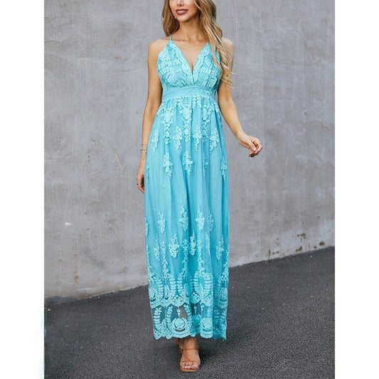 Women’s Maxi Dress – Flowing Fit – Floral Embroidery – Deep V-Neck – Breathable Blend