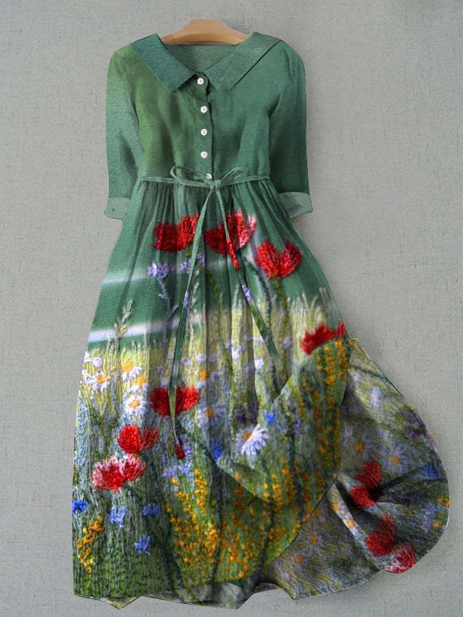 Women’s Midi Dress – Vintage Floral Print – Relaxed Fit – Belted Waist – 3/4 Sleeve