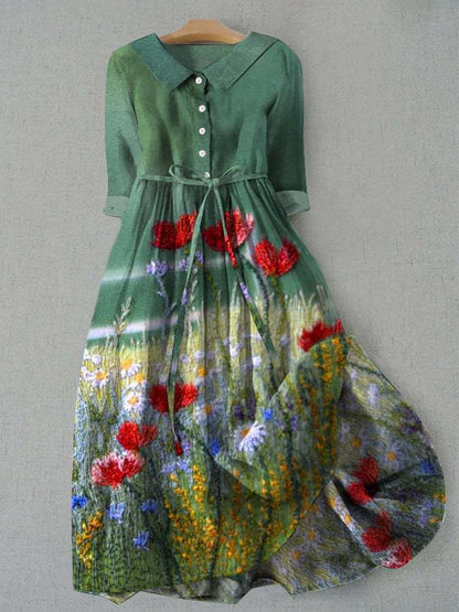 Women’s Midi Dress – Vintage Floral Print – Relaxed Fit – Belted Waist – 3/4 Sleeve