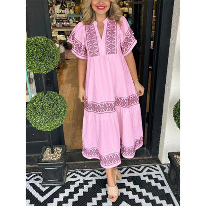 Women’s Midi Dress – Relaxed Fit – V-Neck – Printed Trim – Pleated Hem – Cotton Feel