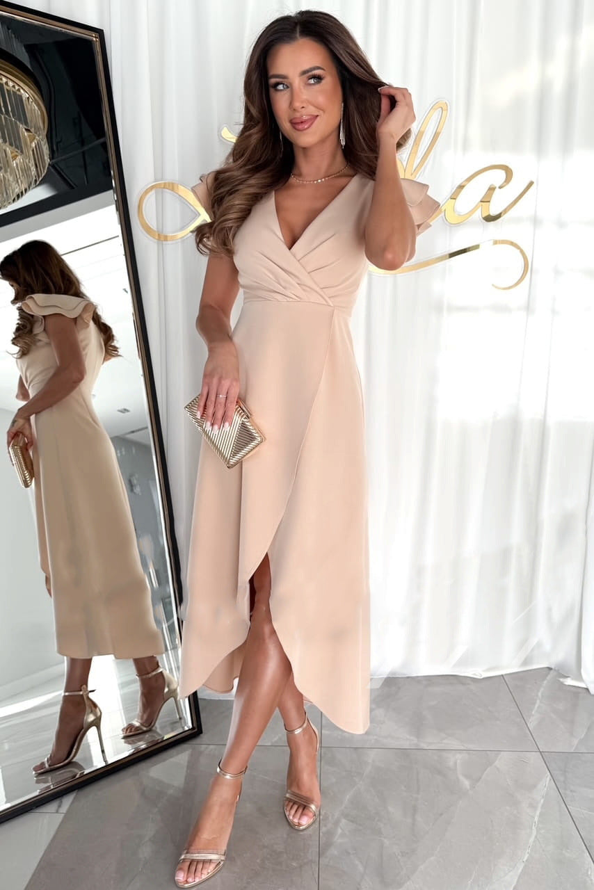 Women’s Wrap Dress – Fitted Silhouette – Ruffled Sleeves – Asymmetrical Hemline
