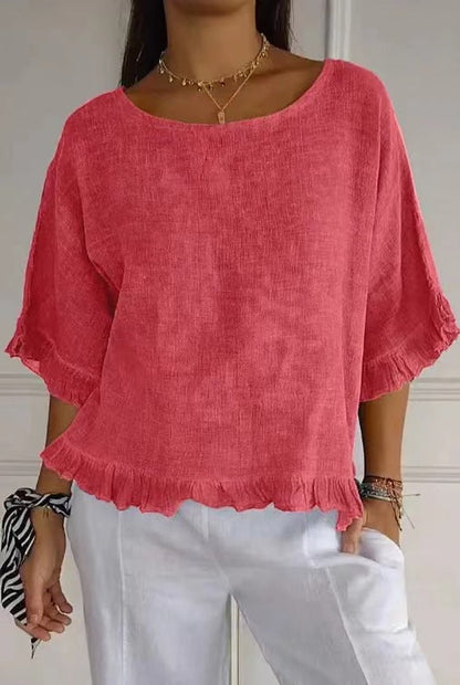 Women’s Blouse – Relaxed Fit Cotton Linen – Ruffle Hem – Short Sleeve – Round Neck