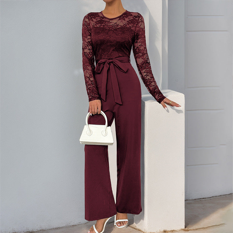 Women’s Jumpsuit – Lace Bodice – Sheer Long Sleeve – Wide Leg – Waist Tie Elegant Fit