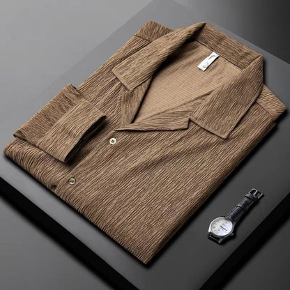 Men’s Long-Sleeve Shirt – Cuban Collar – Pleated Texture – Relaxed Structured Fit