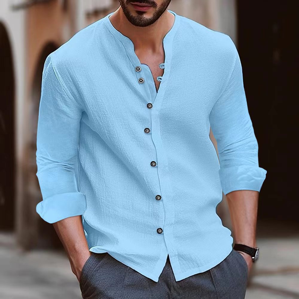 Men’s Long Sleeve Shirt – Relaxed Fit – Band Collar – Breathable Natural Fibers – Button Up