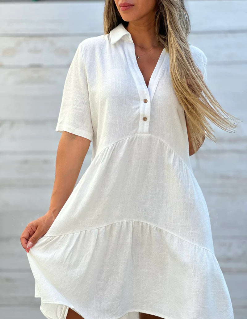 Women’s Casual Dress – Natural Fibers – Relaxed Fit – Tiered – Collared – Short Sleeve