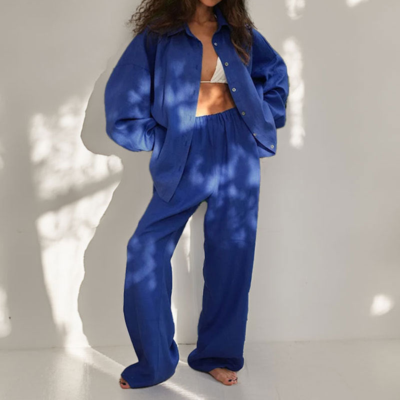 Women’s Two-Piece Set – Oversized Shirt with Knot – Wide Leg Pants – Cotton Blend