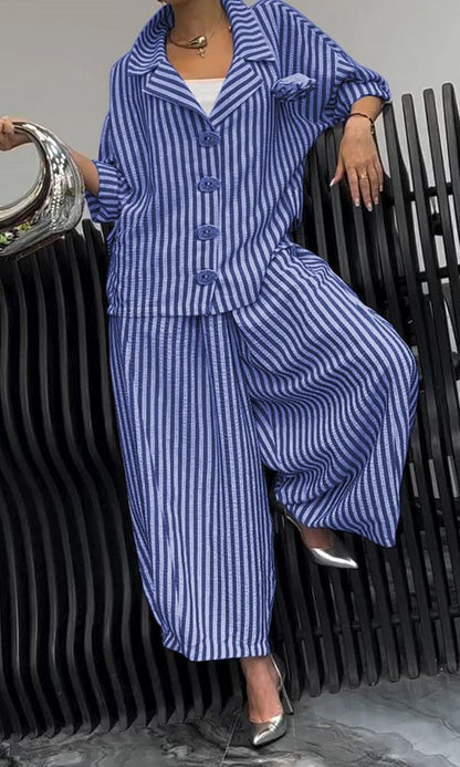 Women’s Two-Piece Set – Relaxed Fit – Cotton Blend – Striped – Notched Lapel – Button Front